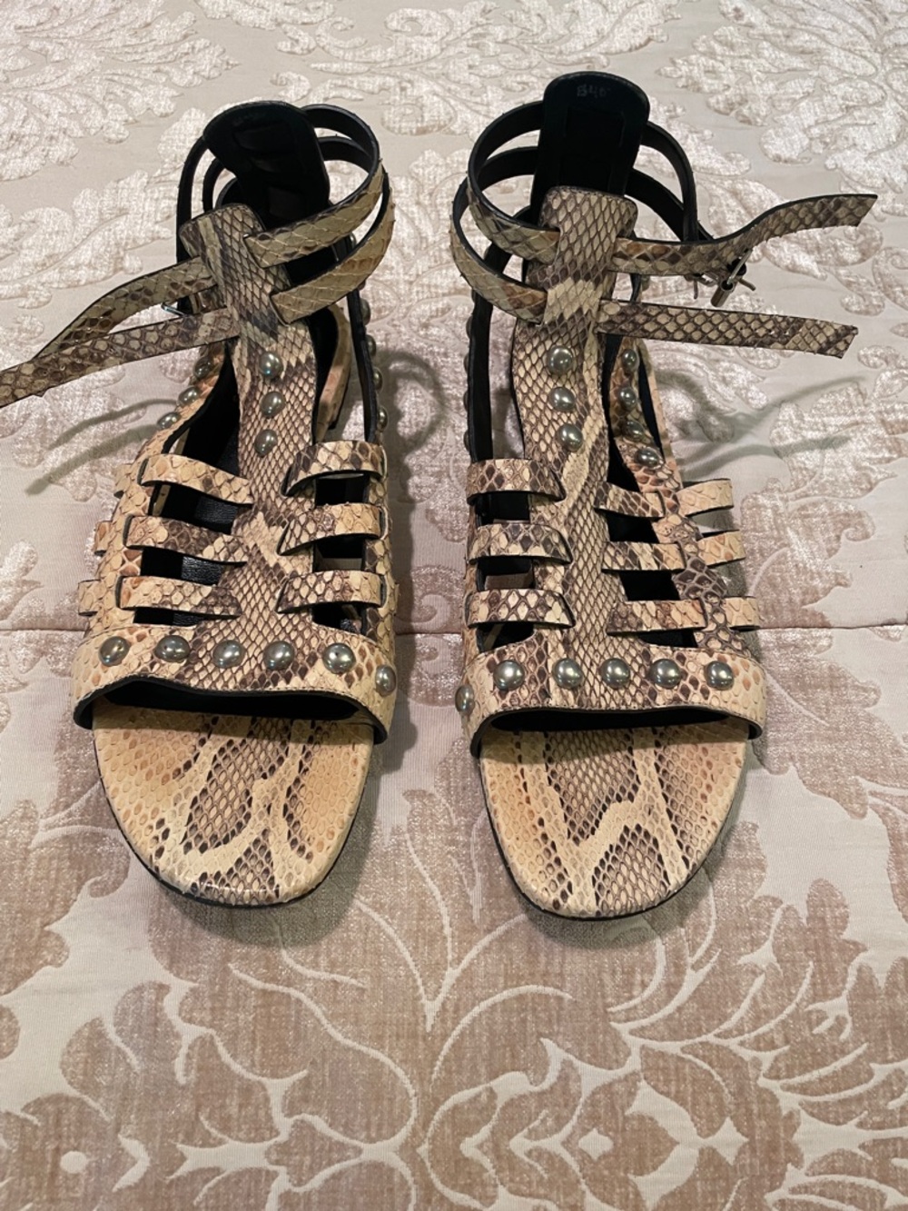 Saint Laurent Beige Snake-Print Studded Strappy Sandals - Picture 1 of 5
